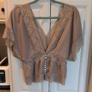 Forever 21 Brown Flutter Sleeve Asymmetrical Blouse